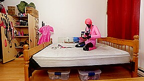 Self Bondage In Pvc Layers Steel Chastity Belt And Large Dildo Locked