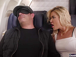 Busty tgirl stewardess Brittney Kade fucks female customer