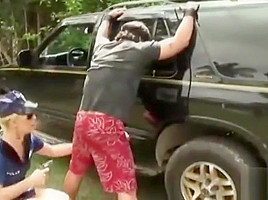 Blonde with tattoo fucking on suv